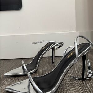 Fashion Nova Silver Metallic Strappy Stiletto Heels